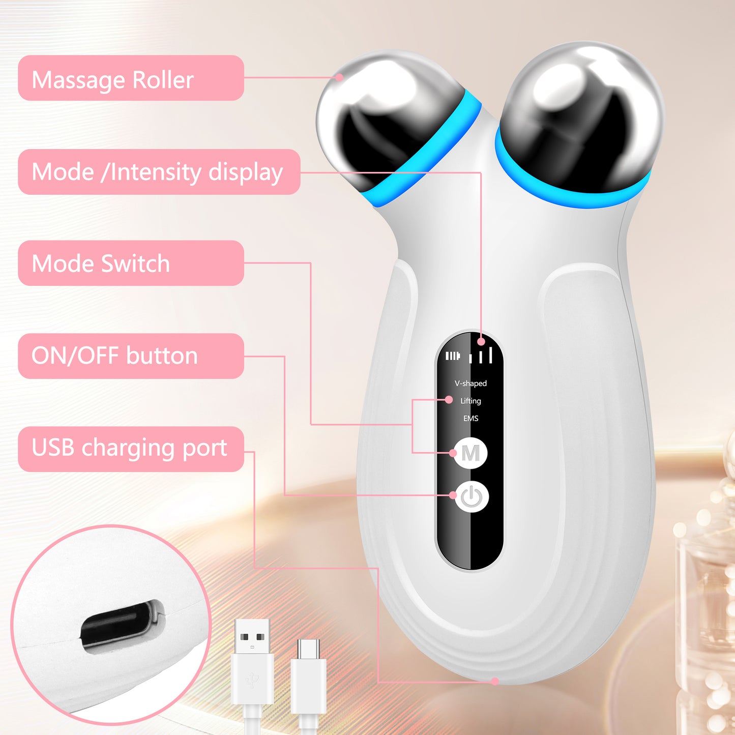 Anti Aging and Wrinkles Microcurrent Facial Device, Boost Skin Care Products Absorption - White
